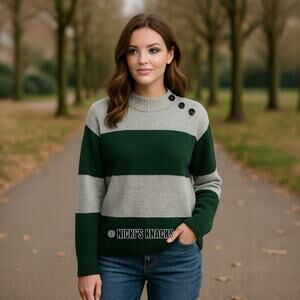 Whistles Wool Blend Stripe Button Neck Sweater Green Blue Jumper Size Small